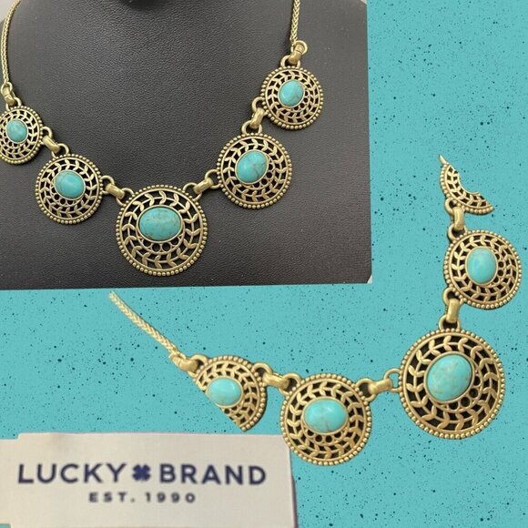 Lucky Brand Brass-Tone Weave Medallions Turquoise Stone Snake Chain Necklace - Picture 1 of 5